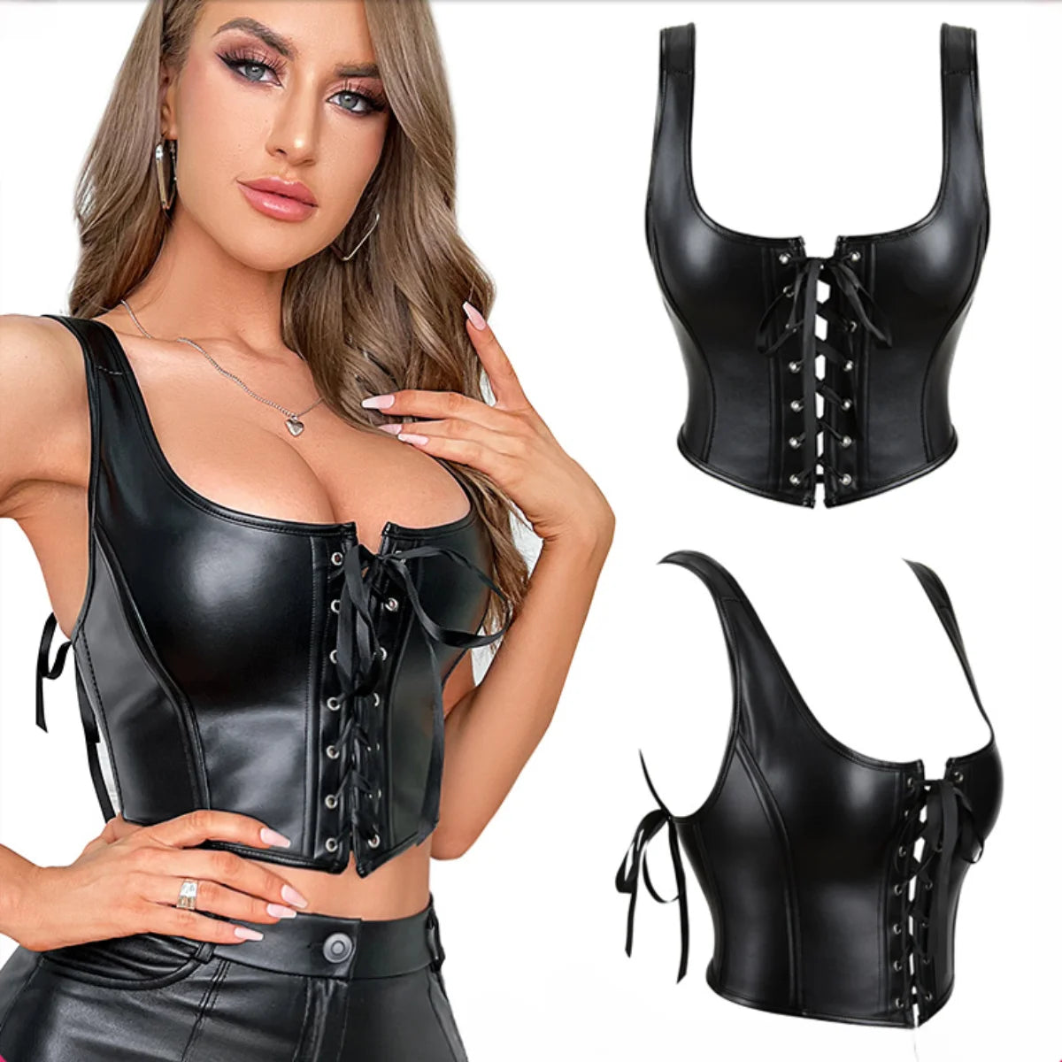 Rebel Chic PU Leather Gothic Corset Crop Top with Tie-Up Detail