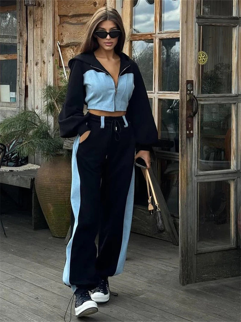 Chic Denim Patchwork Hooded Sweatsuit for Women - Fall 2024 Casual 2 Piece Set