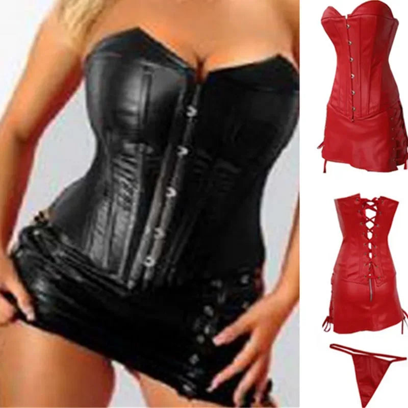 Crimson Leather Strapless Corset & Black Latex Bustier Set - Alluring Lingerie and Skirt