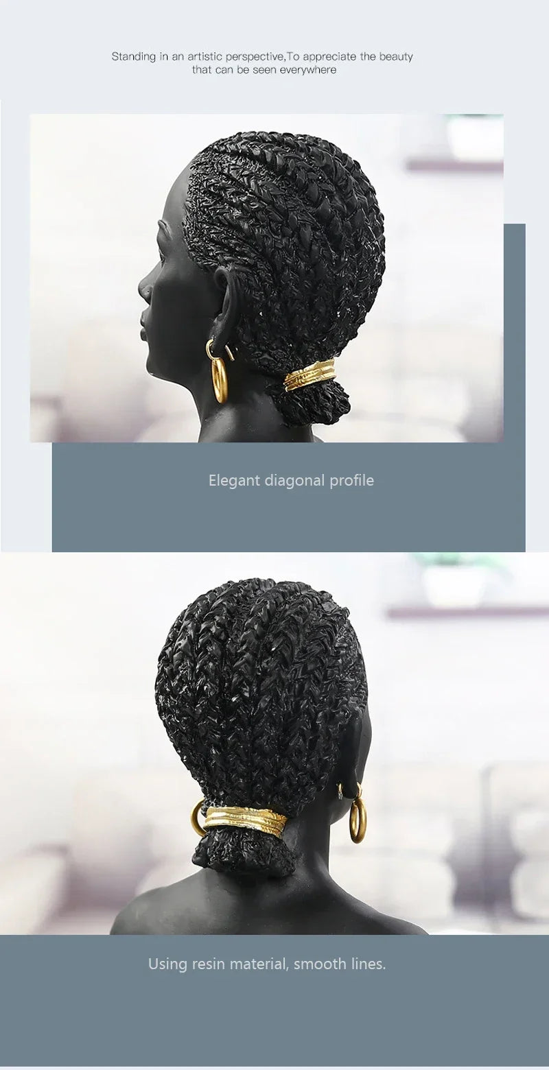 Resin African Black Woman Bust Statue American Figurines Sculpture Home Decor Living Room Shelf Display Cabinet Desk Decoration