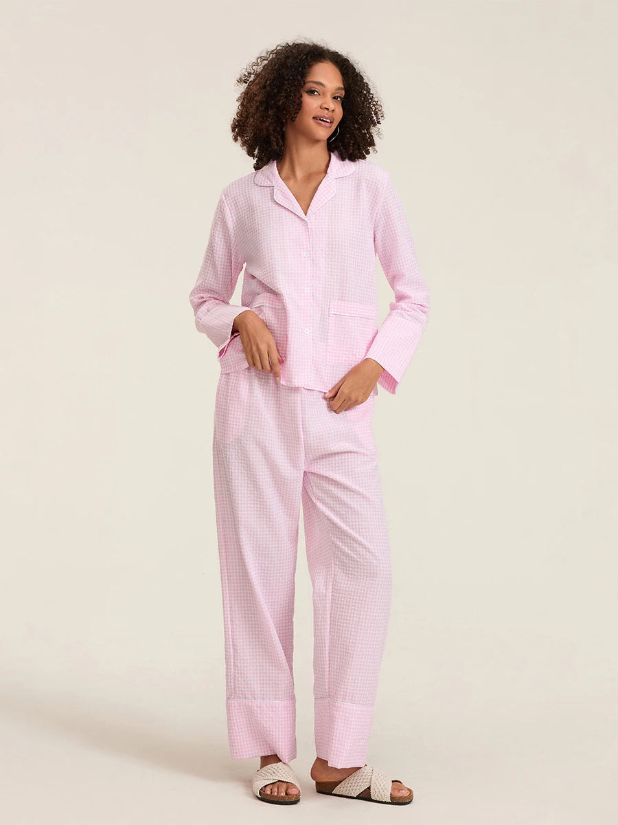 Plaid Long Sleeve Women’s Pajama Set - Stylish 2-Piece Loungewear with Button Details