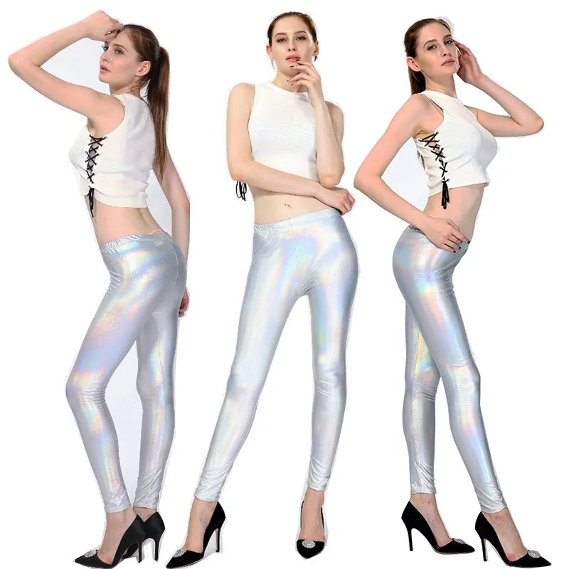 Glamorous Stretchy Fitness Leggings for Women - Shiny Clubwear Trousers in Silver, Black, Gold, and Red - Elastic Skinny Sport Fashion Pants