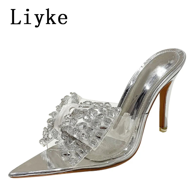 Liyke Elegant Crystal Bow High Heels Transparent Summer Slippers for Women - Sexy Pointed Toe Party Sandals