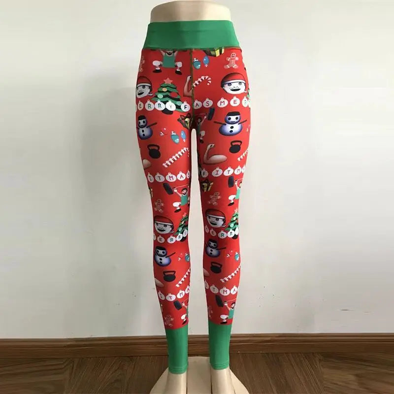 Festive Women's High-Waist Printed Leggings - Sleek & Stretchy Fitness Trousers for Holiday Workouts