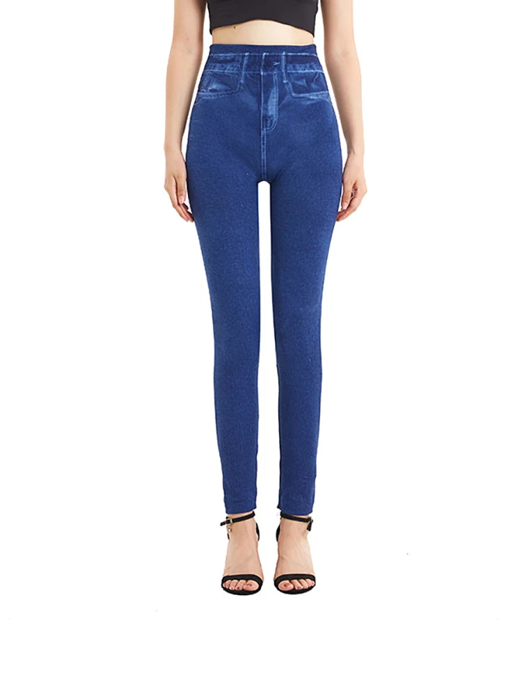 High Waist Plus Size Faux Denim Leggings for Women - Stretchy Casual Jeggings in Solid Blue