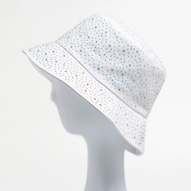 Chic Rhinestone-Studded Y2K Bucket Hat for Women - Stylish Cotton Panama Cap for Spring and Summer Escapades