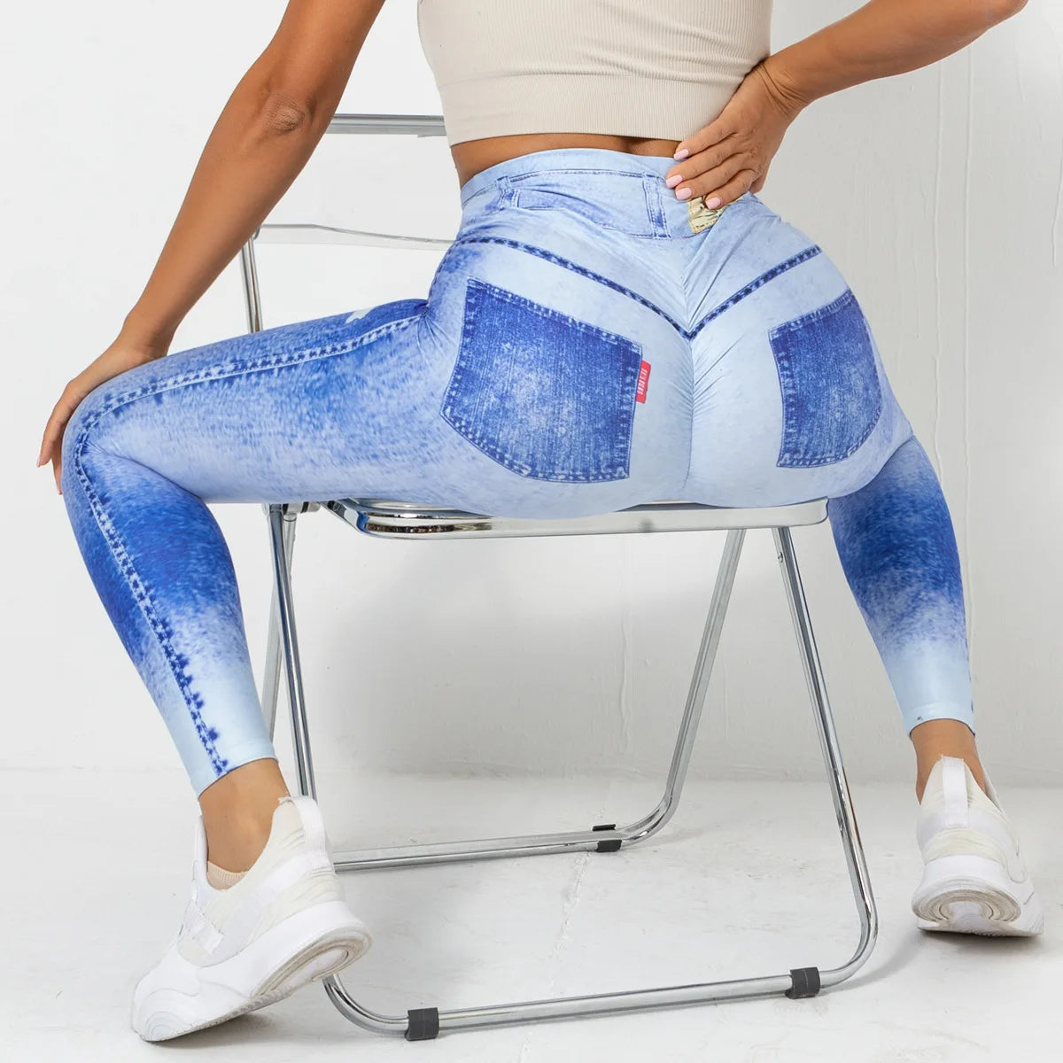 High Waist Scrunch Yoga Leggings for Women - Denim-Look Push Up Fitness Tights