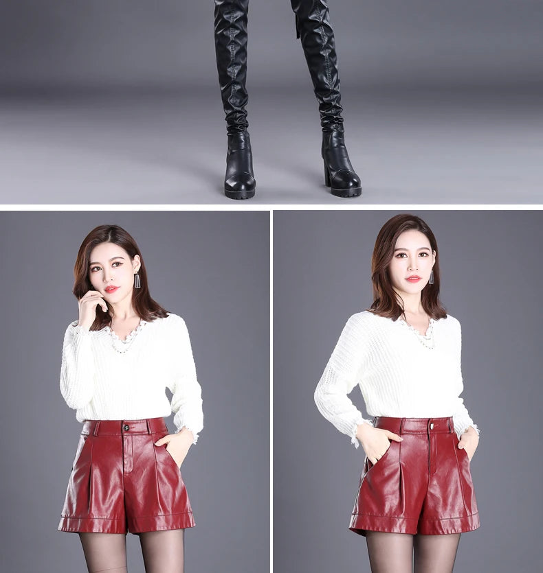 ZUZK Women's High-Waisted PU Leather Casual Shorts for Fall/Winter - All-Match 5XL Boot Shorts