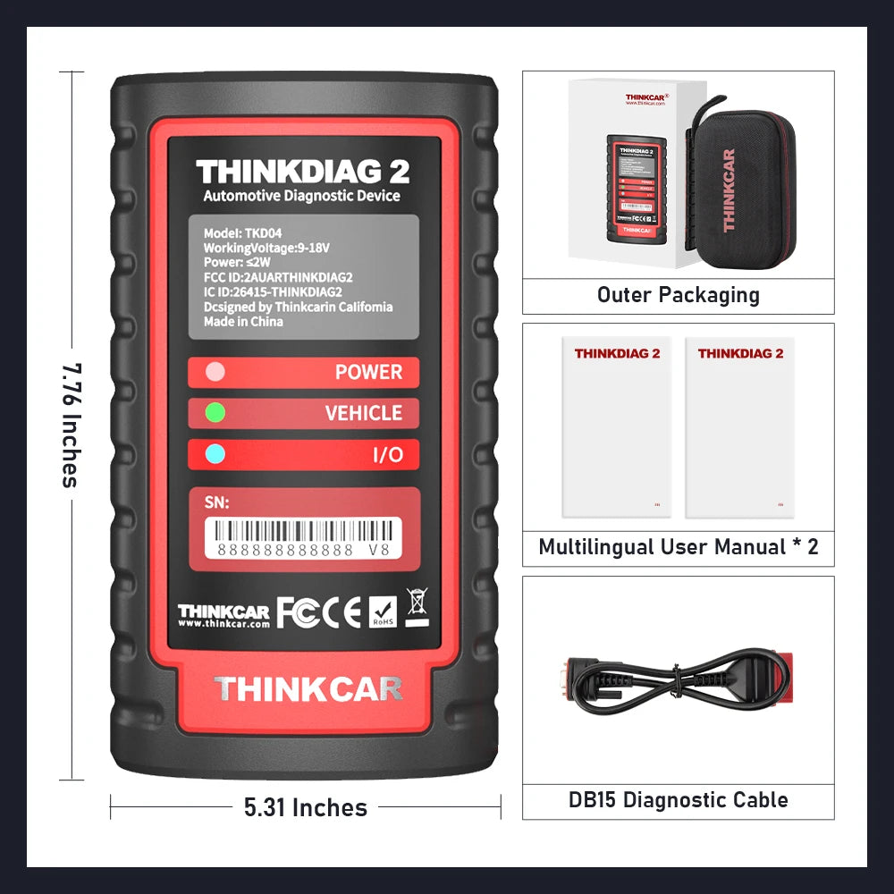 THINKCAR ThinkDiag 2 Pro OBD2 Diagnostic Scanner with All-System Support and Advanced Reset Functions