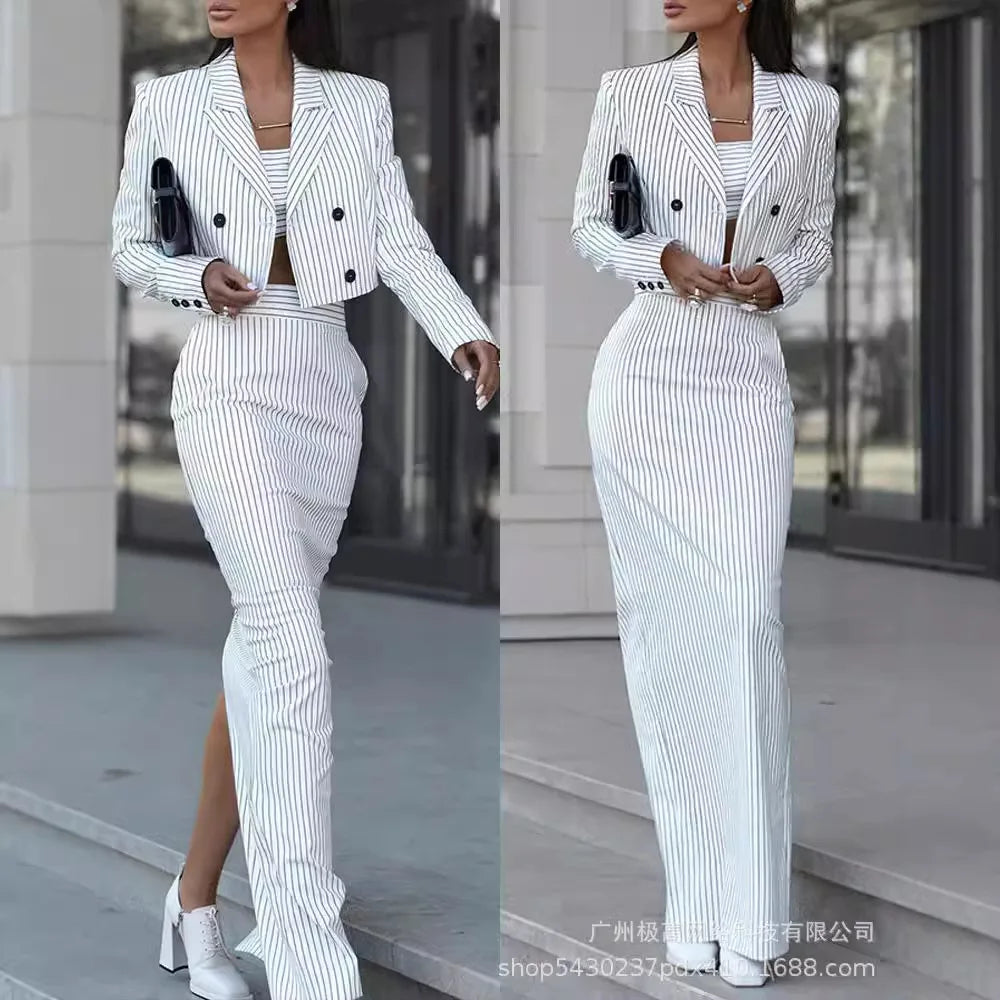 Chic Striped Blazer and High-Waisted Slim Skirt Set for Women