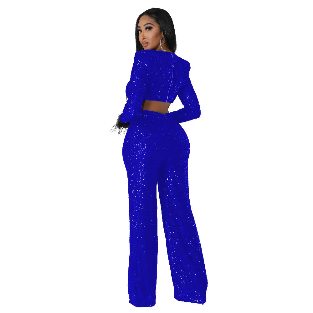 Chic Autumn V-Neck Sequin Jumpsuit with Feather Accents for Women