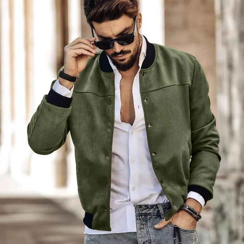 Men's Suede Button-Up Cardigan Jacket with Standing Collar for Spring and Autumn Casual Wear