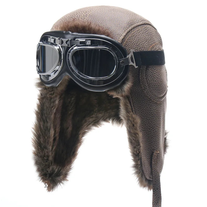 SupSindy Men Winter Bomber Hat With Goggles Outdoor Motorcycle Windproof Warm Faux Fur Pilot Earflap Hat Leather Thermal Ushanka