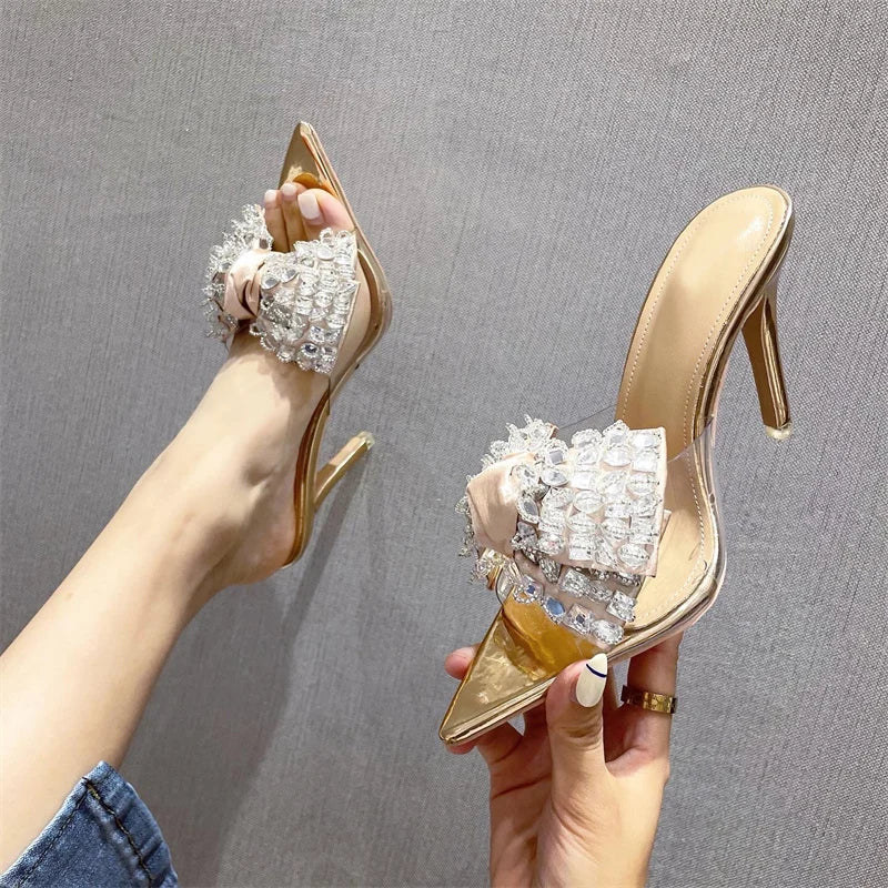 Liyke Elegant Crystal Bow High Heels Transparent Summer Slippers for Women - Sexy Pointed Toe Party Sandals