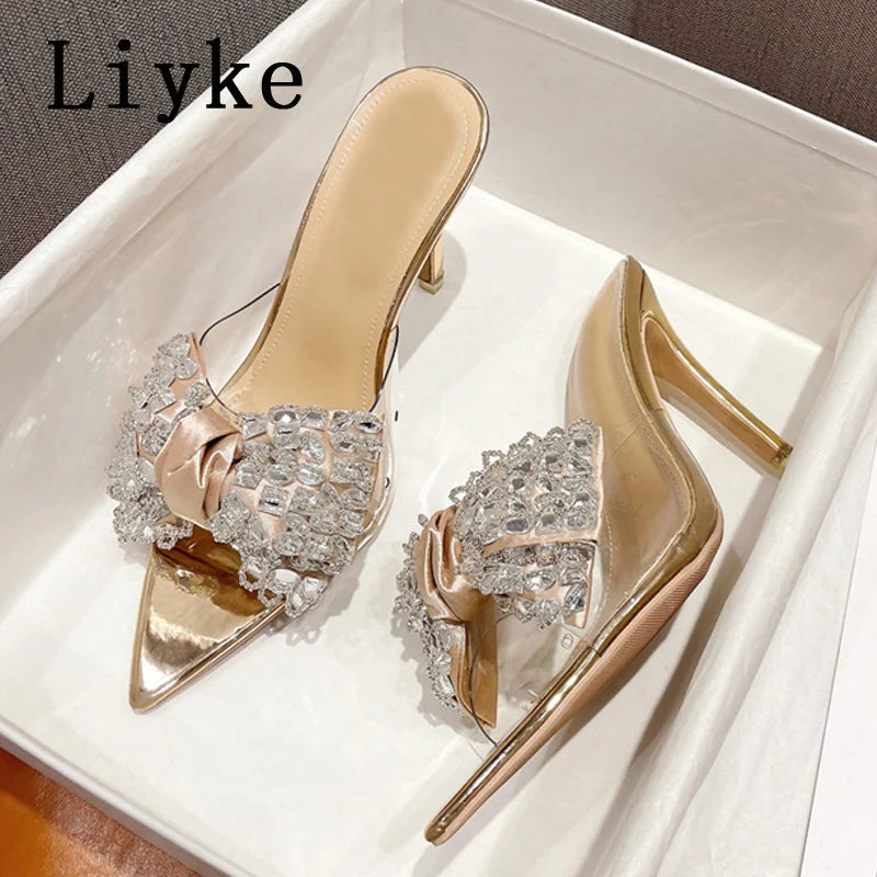 Liyke Elegant Crystal Bow High Heels Transparent Summer Slippers for Women - Sexy Pointed Toe Party Sandals