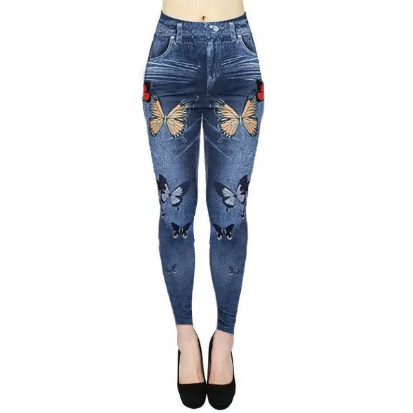 2024 Fall/Winter (S.M.L) Women's High-Waisted Elastic Denim-Look Leggings for Fitness and Yoga