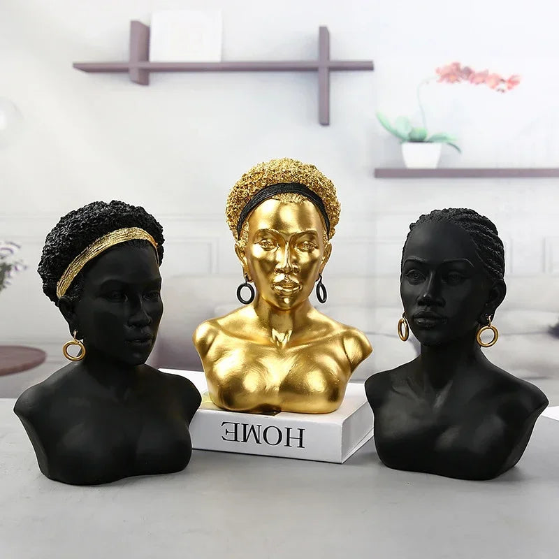 Resin African Black Woman Bust Statue American Figurines Sculpture Home Decor Living Room Shelf Display Cabinet Desk Decoration