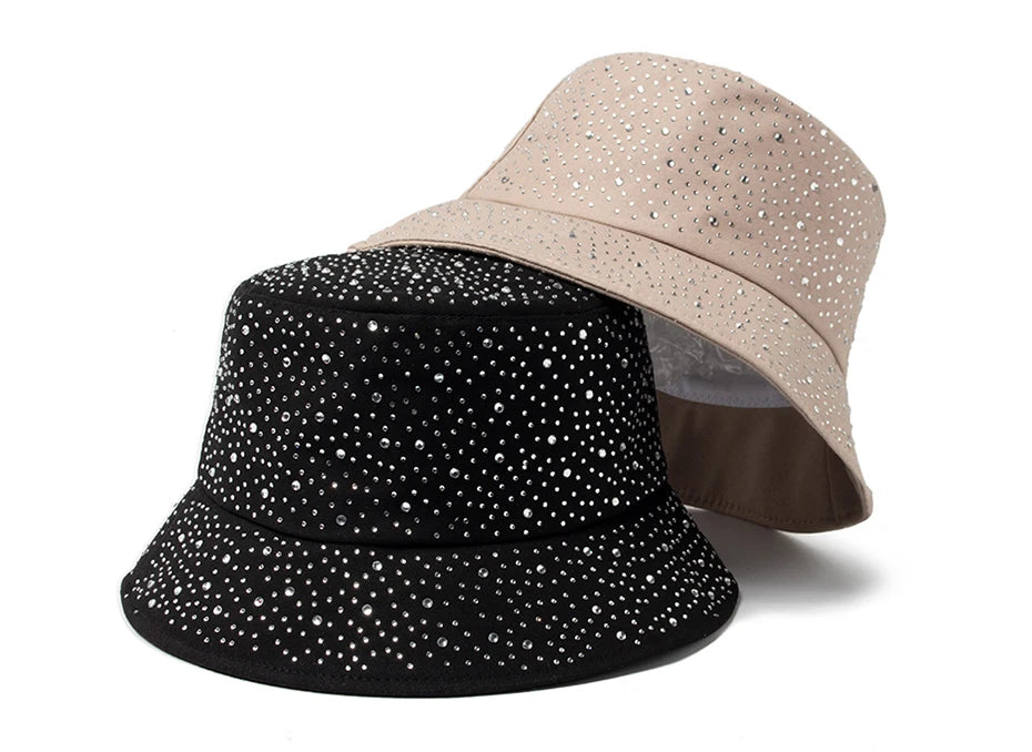 Chic Rhinestone-Studded Y2K Bucket Hat for Women - Stylish Cotton Panama Cap for Spring and Summer Escapades