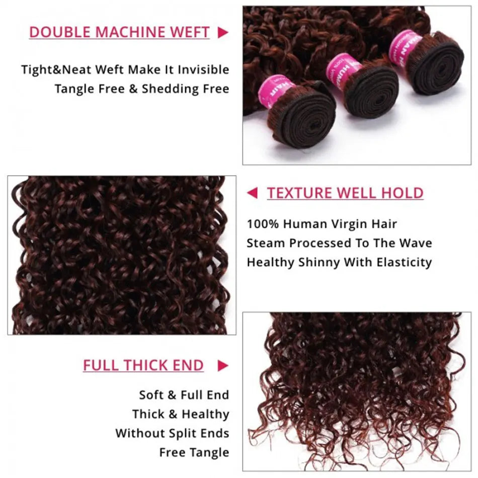 UNICE Reddish Brown Curly Human Hair Bundles - 3PCS 100% Remy Hair Extensions for Sew-Ins and Quick Weaves