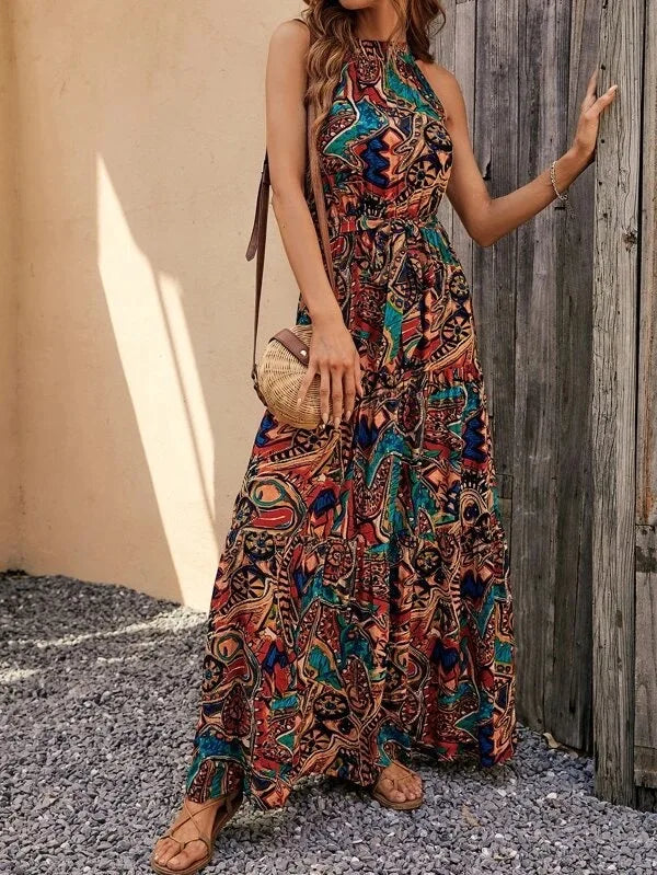 Summer Fashion Print Slip Sleeveless Waist Swing Dress Sexy Women Sashes Bohemia Dress Lady Long Maxi Vestido Vintage Robe Femme