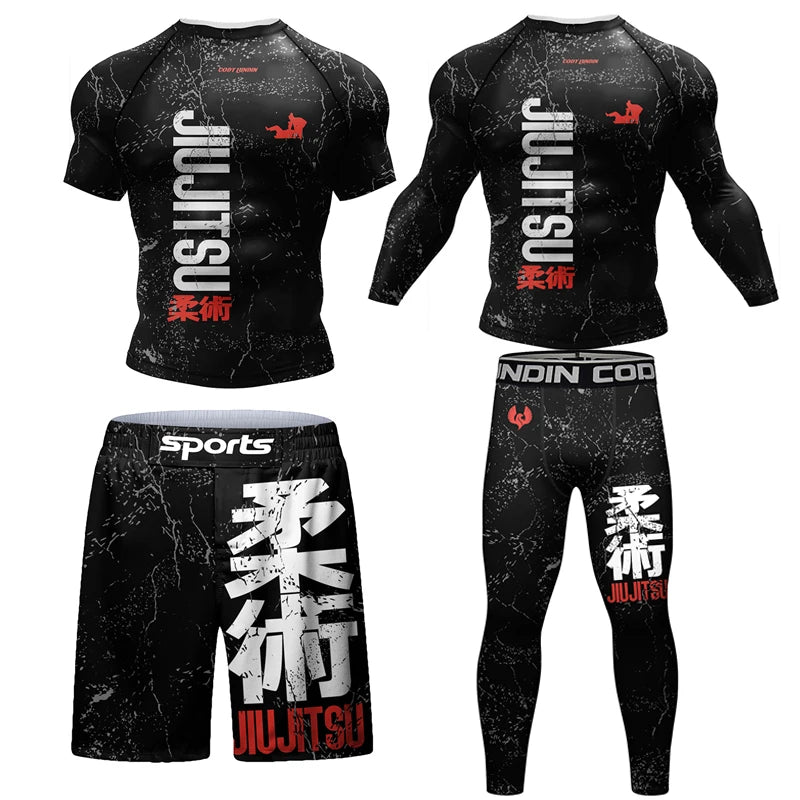 4-Piece Men's Jiu Jitsu Rashguard Set: MMA T-Shirt, Pants & Gym Shorts for Brazilian Grappling and Boxing