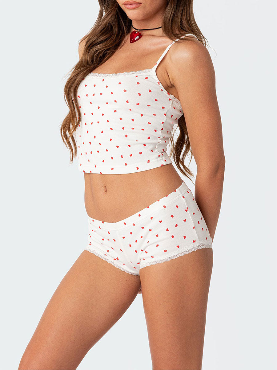 Lace-Trimmed Heart Print Women's Summer Two-Piece Pajama Set with Cropped Camisole and Elastic Waist Shorts