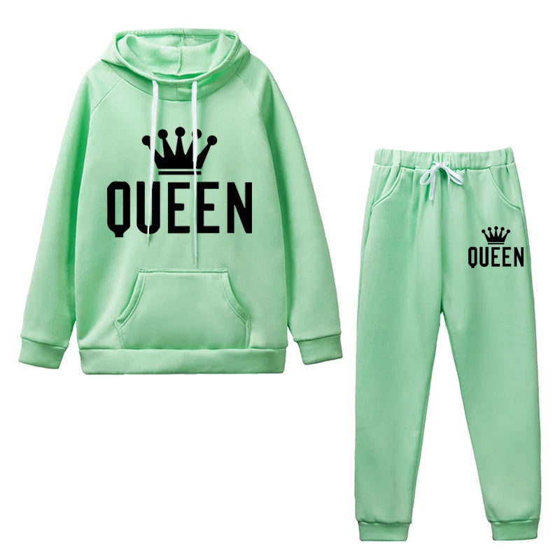 Queen Printing Womens Outfits Fashion Trend Hooded Sweatshirt Suit Casual Jogging Clothing Autumn Winter Hot Sales Pants Set