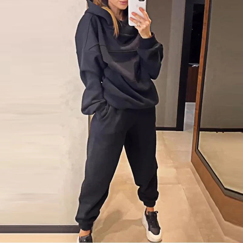 New Autumn Winter Thick Long Sleeved Hoodie Sets Casual Pocket Pants Sports Suit Women's Fashion Solid Loose Sweatshirt Outfits