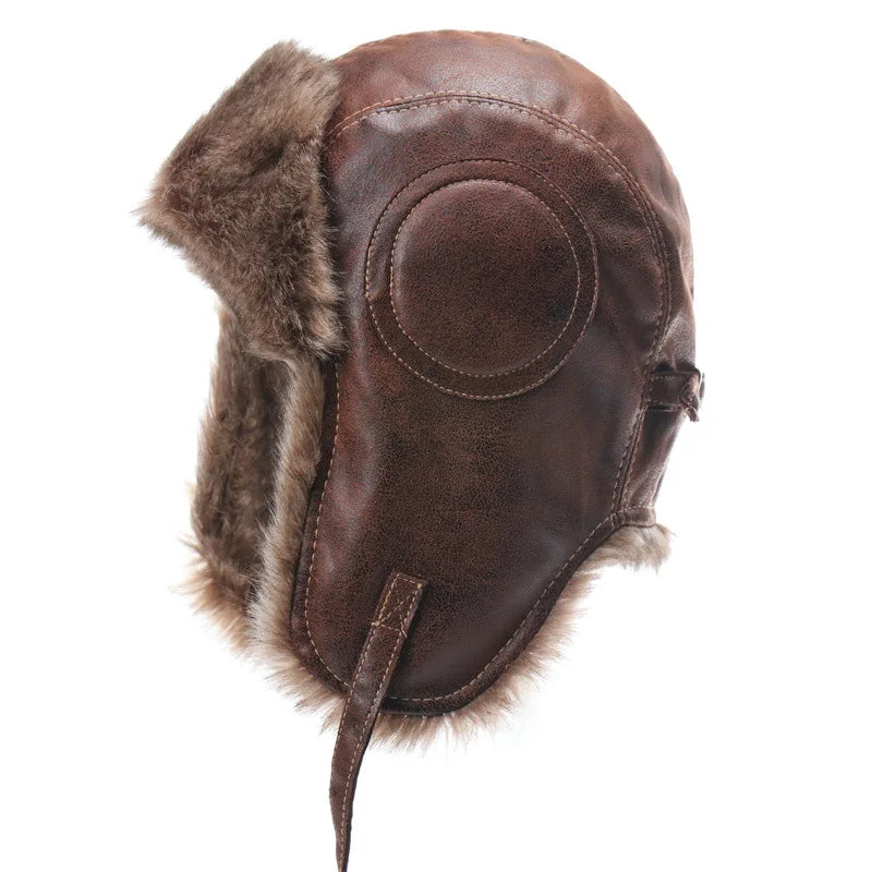 SupSindy Men Winter Bomber Hat With Goggles Outdoor Motorcycle Windproof Warm Faux Fur Pilot Earflap Hat Leather Thermal Ushanka