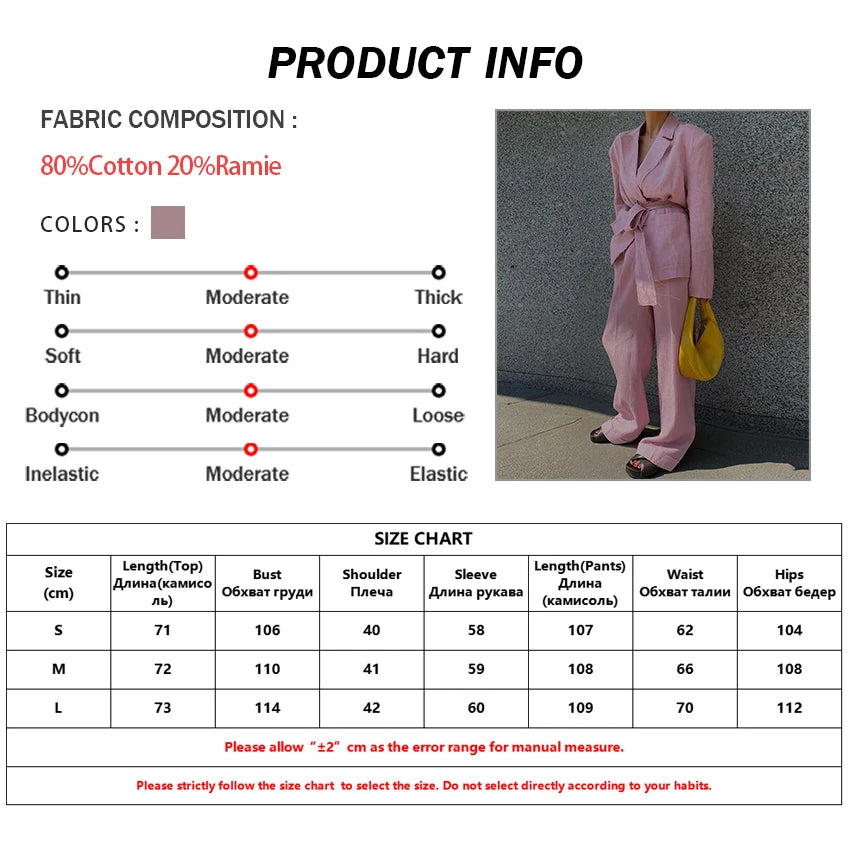 Oymimi Fashion Loose Pink Cotton 2 Piece Sets Women Outfit Vintage Long Sleeve Lace-Up Blazer With High Waist Wide Pants Set