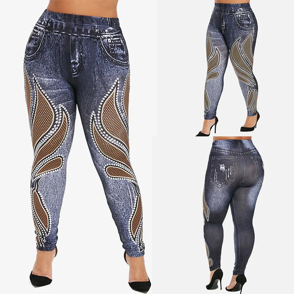 2024 Fall/Winter (XL.XXL.XXXL) Women's High-Waisted Elastic Denim-Look Leggings for Fitness and Yoga