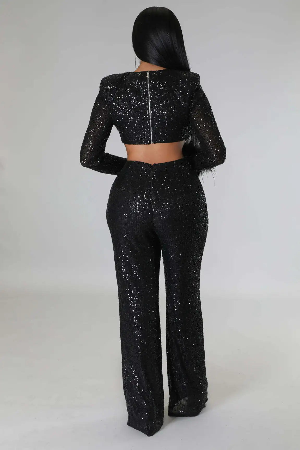 Chic Autumn V-Neck Sequin Jumpsuit with Feather Accents for Women