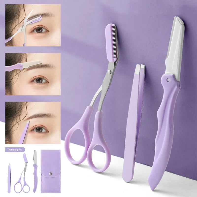 Fashionable Purple Eyebrow Grooming Kit: Foldable Trimmer, Comb, Scissors & Precision Tweezers - 2023 Collection