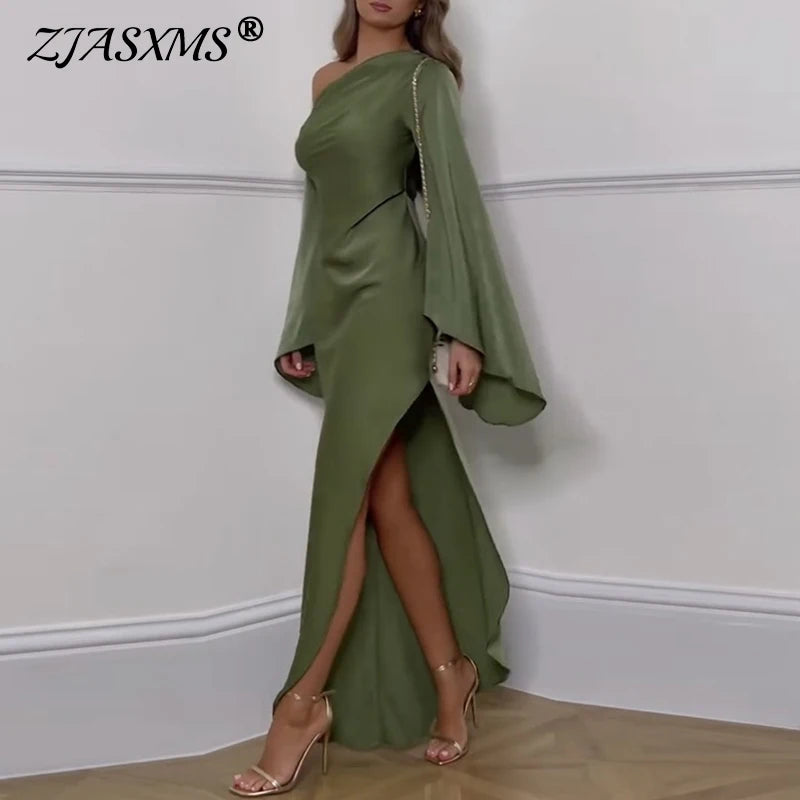 Chic Asymmetrical Off-Shoulder Backless Midi Dress for Women with Flare Sleeves and Side Slit - Elegant Autumn Party Wear