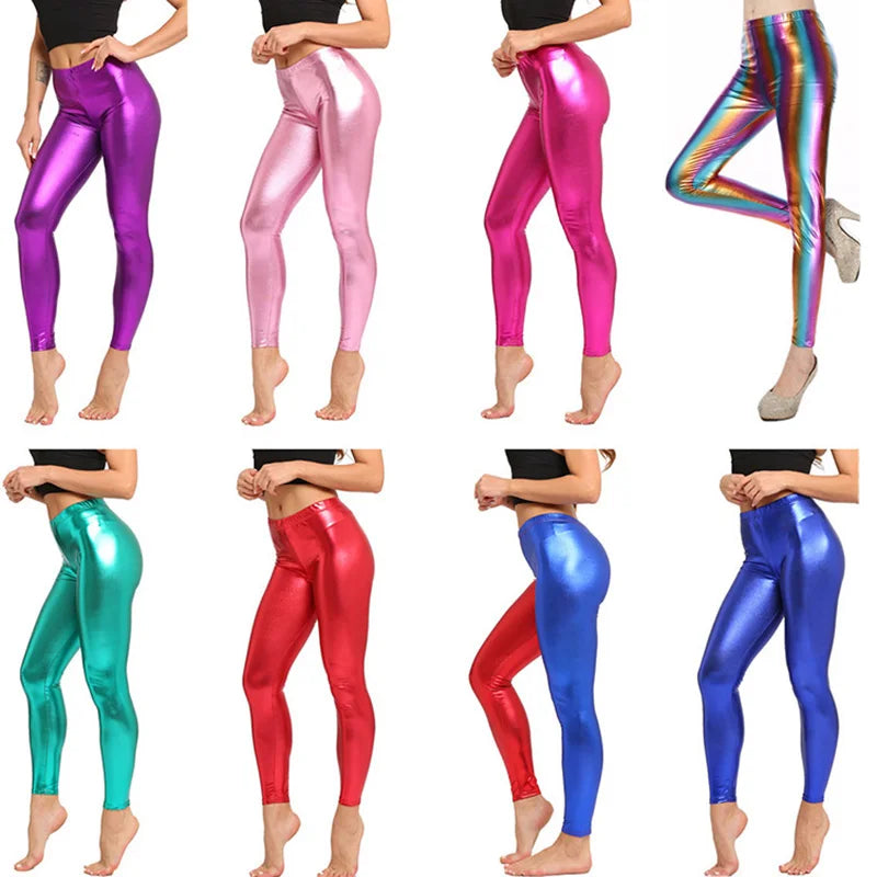 Glamorous Stretchy Fitness Leggings for Women - Shiny Clubwear Trousers in Silver, Black, Gold, and Red - Elastic Skinny Sport Fashion Pants