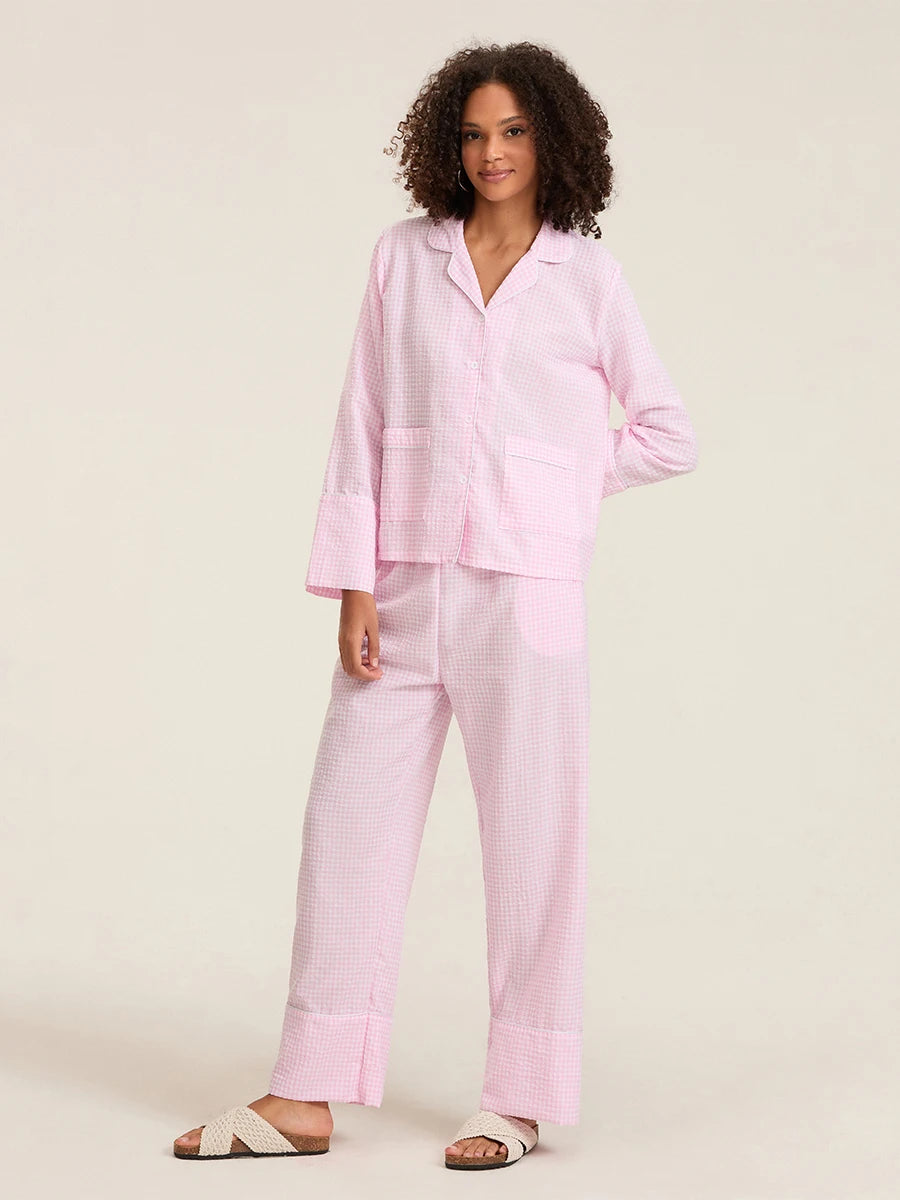 Plaid Long Sleeve Women’s Pajama Set - Stylish 2-Piece Loungewear with Button Details