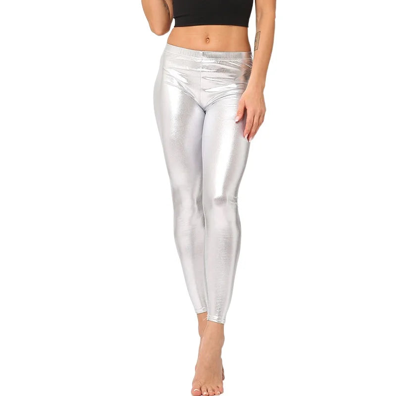 Glamorous Stretchy Fitness Leggings for Women - Shiny Clubwear Trousers in Silver, Black, Gold, and Red - Elastic Skinny Sport Fashion Pants