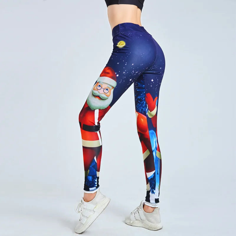 Festive Women's High-Waist Printed Leggings - Sleek & Stretchy Fitness Trousers for Holiday Workouts