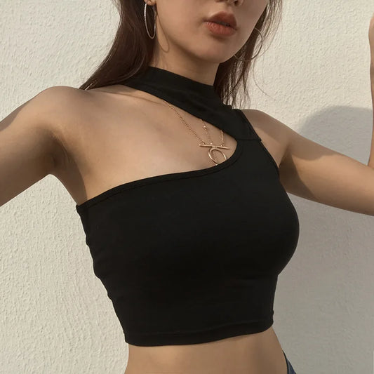 2024 Summer Women's Black Backless Asymmetrical Cropped Camisole Tank Top - CKFZ-676