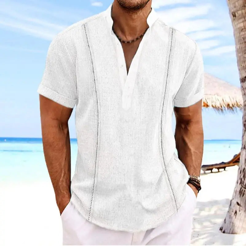 Men's Premium Cotton Linen Summer Guayabera Pullover Shirt with Stylish Henry Collar