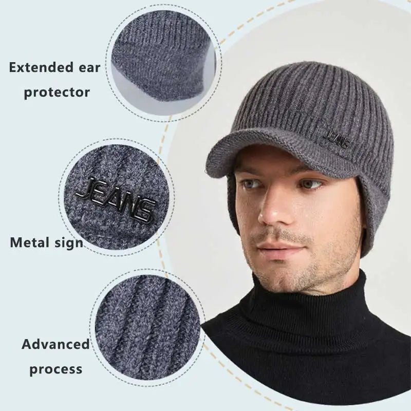 Men's Knitted Winter Baseball Cap with Earflaps - Warm Woollen Beanie for Outdoor Leisure Activities