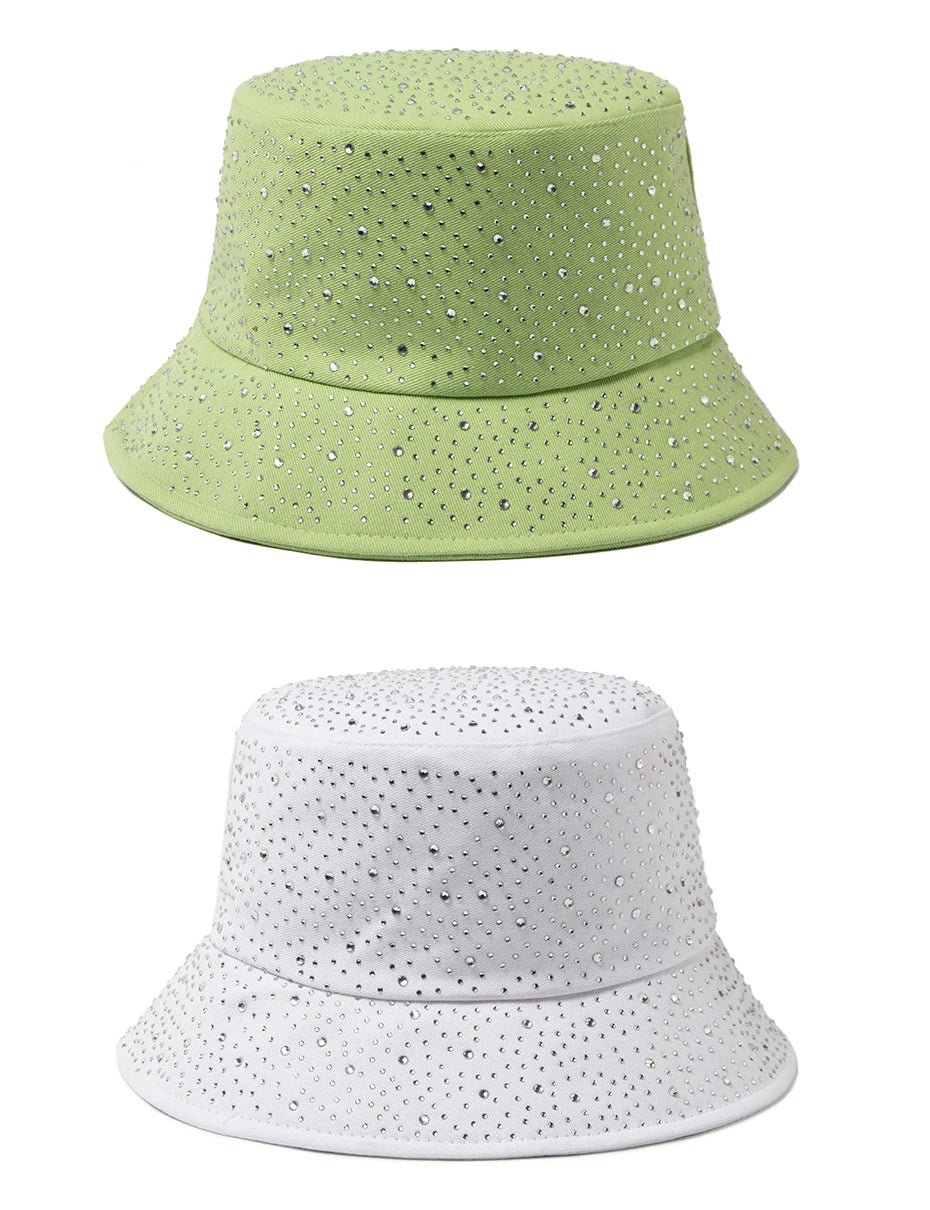 Chic Rhinestone-Studded Y2K Bucket Hat for Women - Stylish Cotton Panama Cap for Spring and Summer Escapades