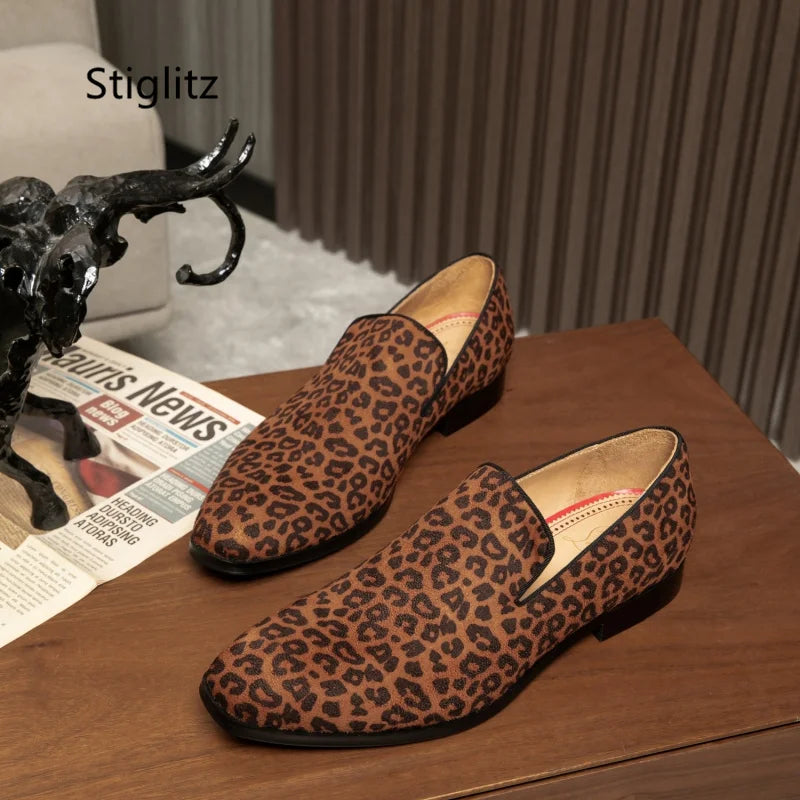 Leopard Print Casual Slip-On Loafers for Men - Breathable Genuine Leather Dress Shoes for Office and Driving in Spring and Autumn