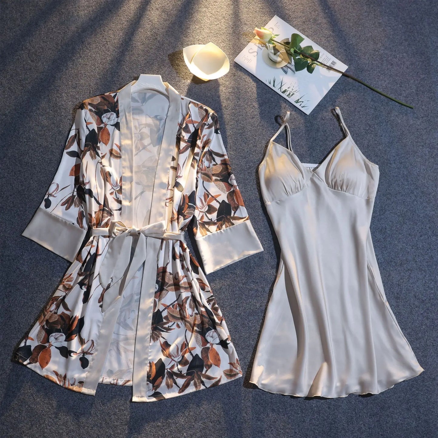 Chic Floral Print Summer Pajama Set with Belted Cardigan and Padded Slip Dress for Women