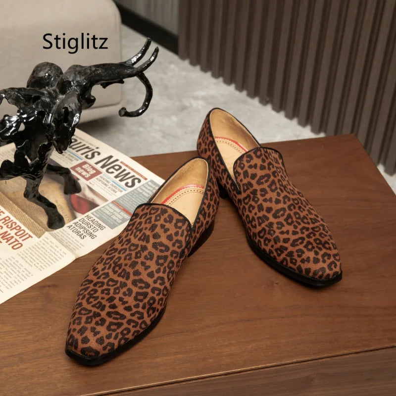 Leopard Print Casual Slip-On Loafers for Men - Breathable Genuine Leather Dress Shoes for Office and Driving in Spring and Autumn