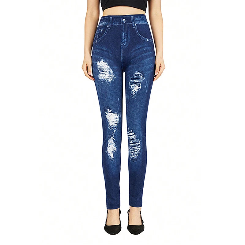 Stylish High Elastic Leggings with Trendy Cutouts and Denim Print for Women