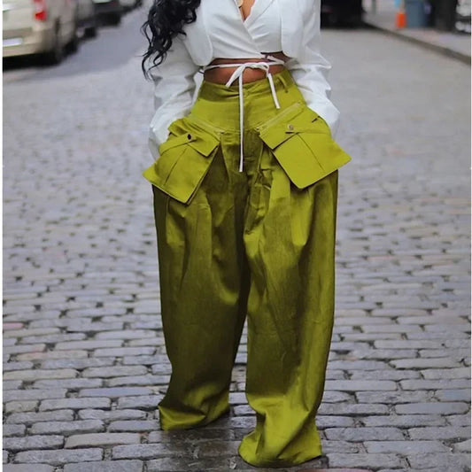 Fashion Streetwear High Waist Removable Pockets Wide Leg Pants for Women INS Hip Hop Casual Loose 2024 Spring Summer Trousers