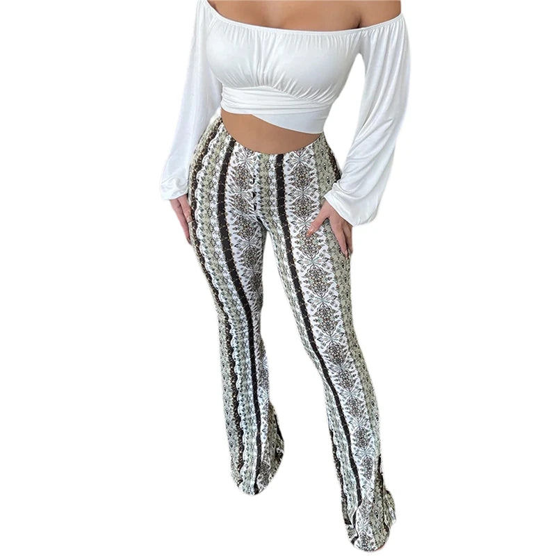 Floral High-Waisted Flare Trousers with Stretch Waistband - Bohemian Yoga and Casual Wear Pants for Women