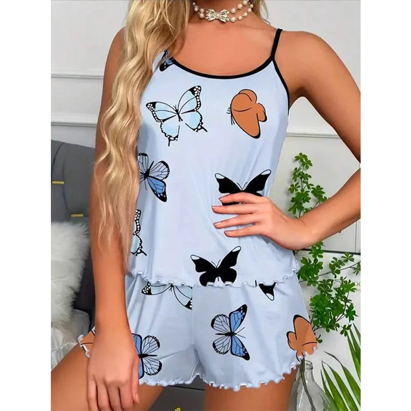 2024 Summer Women's Butterfly Print Lounge Set - Adjustable Strap Top & Elastic Waist Shorts