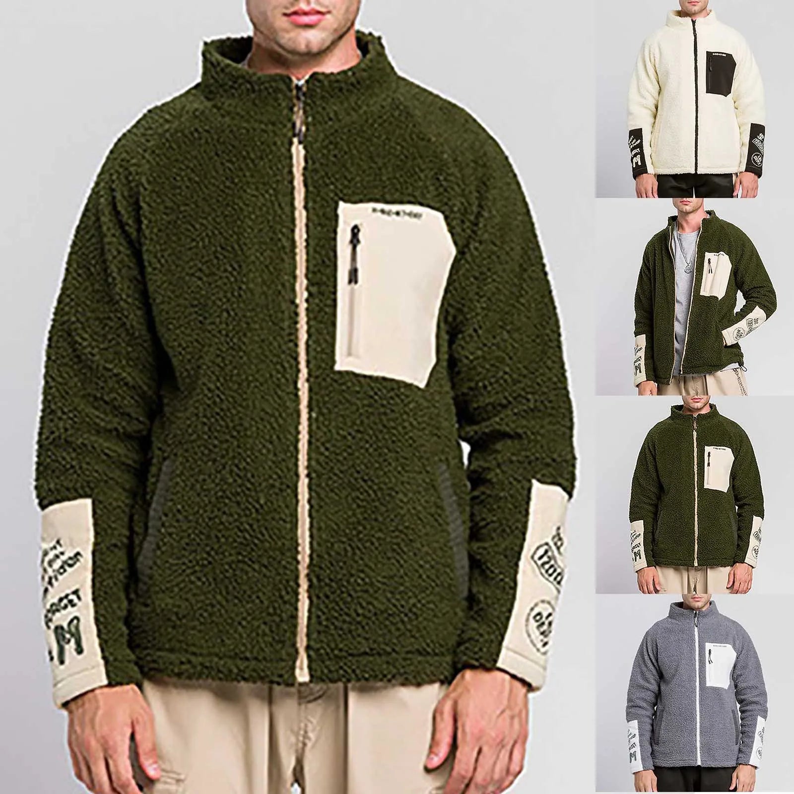 Personalized Color Block Lambswool Zip-Up Fleece Jacket for Men